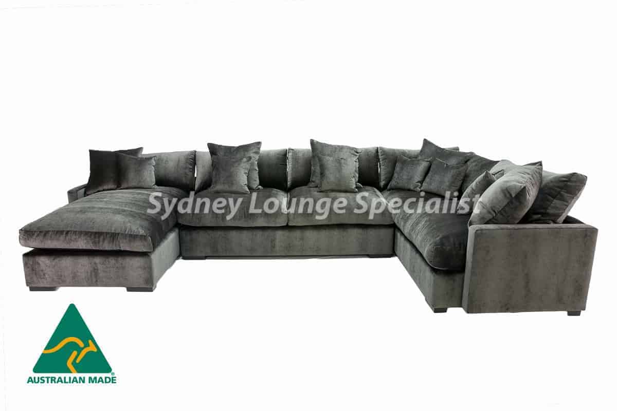 Large suede modular sofa lounge available at Sydney Lounge Specialist