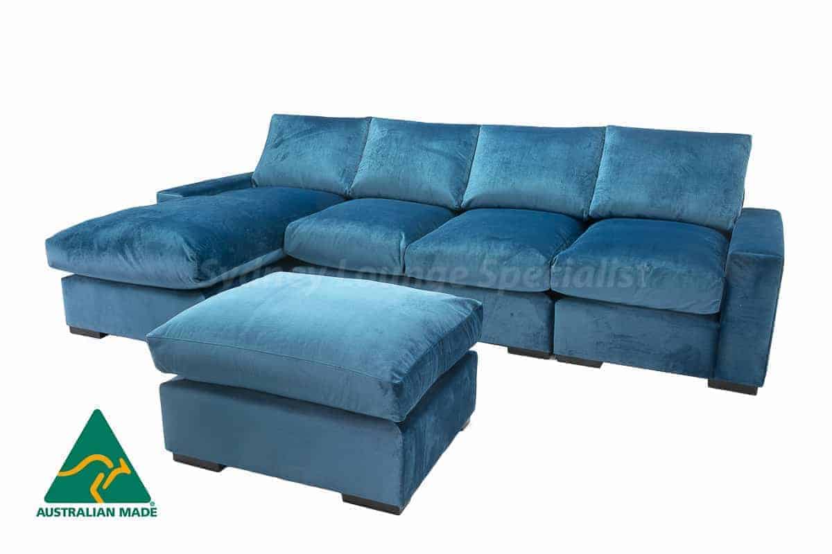 Blue suede modular sectional lounge available at Sydney Lounge Specialist