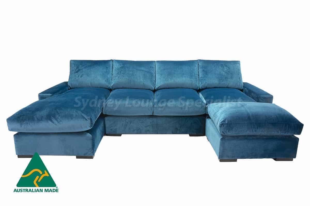 Large blue suede modular lounge available at Sydney Lounge Specialist