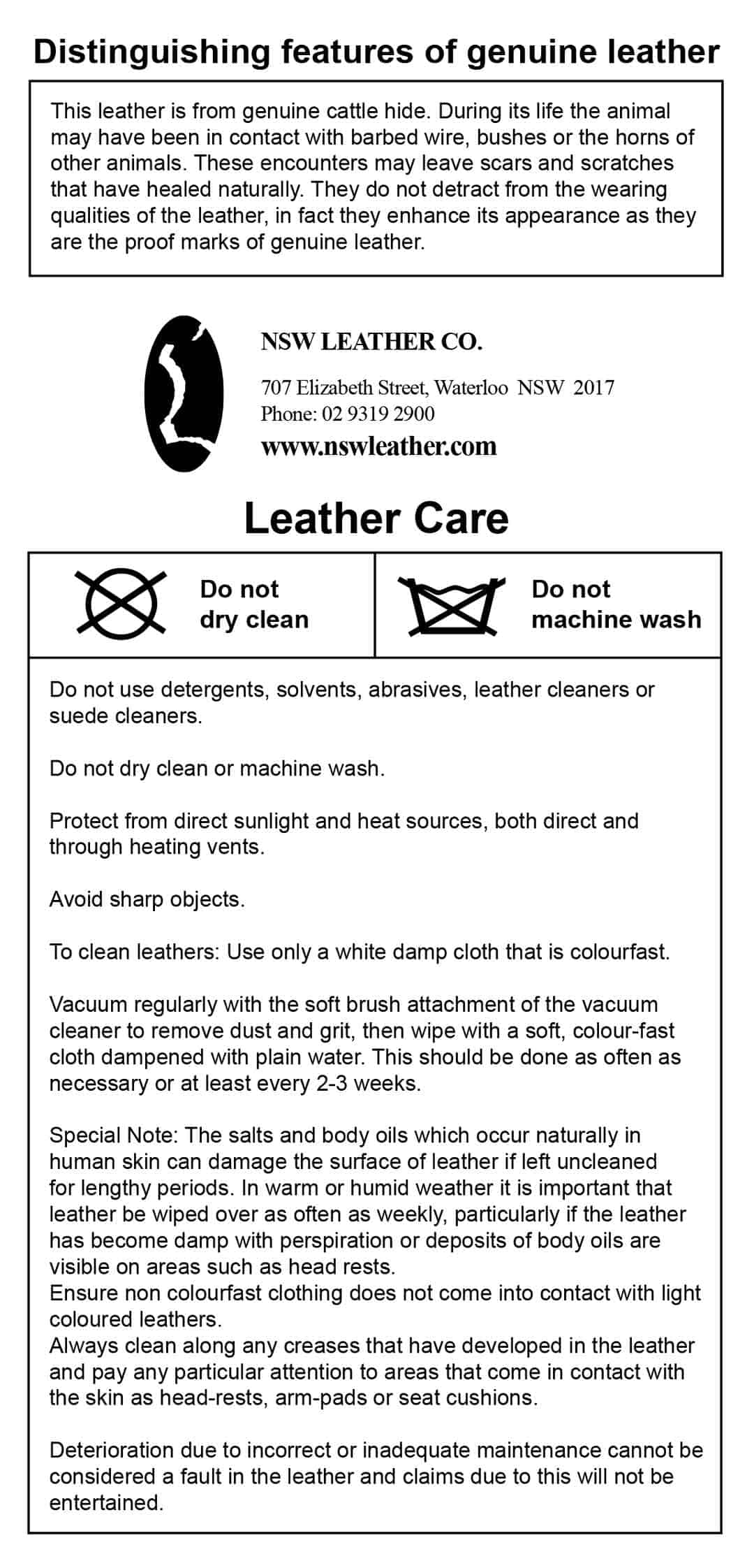 NSW Leather, Sydney, Leather Lounge care and cleaning document