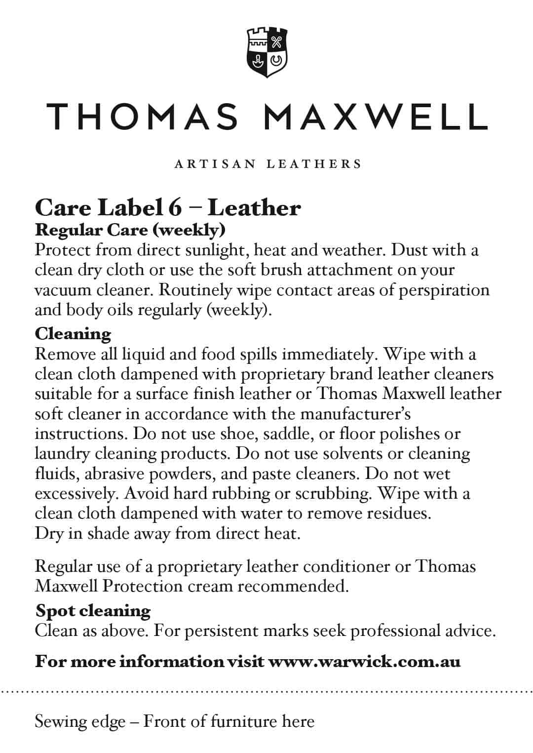 Thomas Maxwell, Sydney, Leather Lounge care and cleaning document