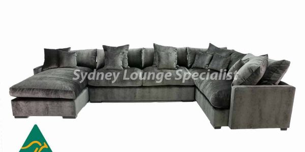 Large suede modular sofa lounge available at Sydney Lounge Specialist