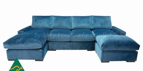 Large blue suede modular lounge available at Sydney Lounge Specialist